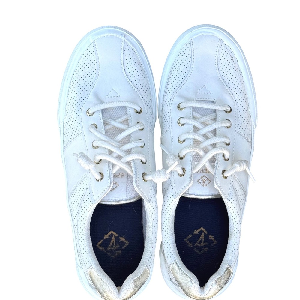 Sperry‎ Crest Vibe White Perforated Leather Sneakers Gold Metallic Accents EUC